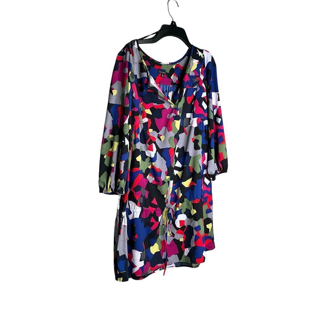 Nine West Tunic Top Long Sleeves Cinched Waist Printed Multicolor Womens Large